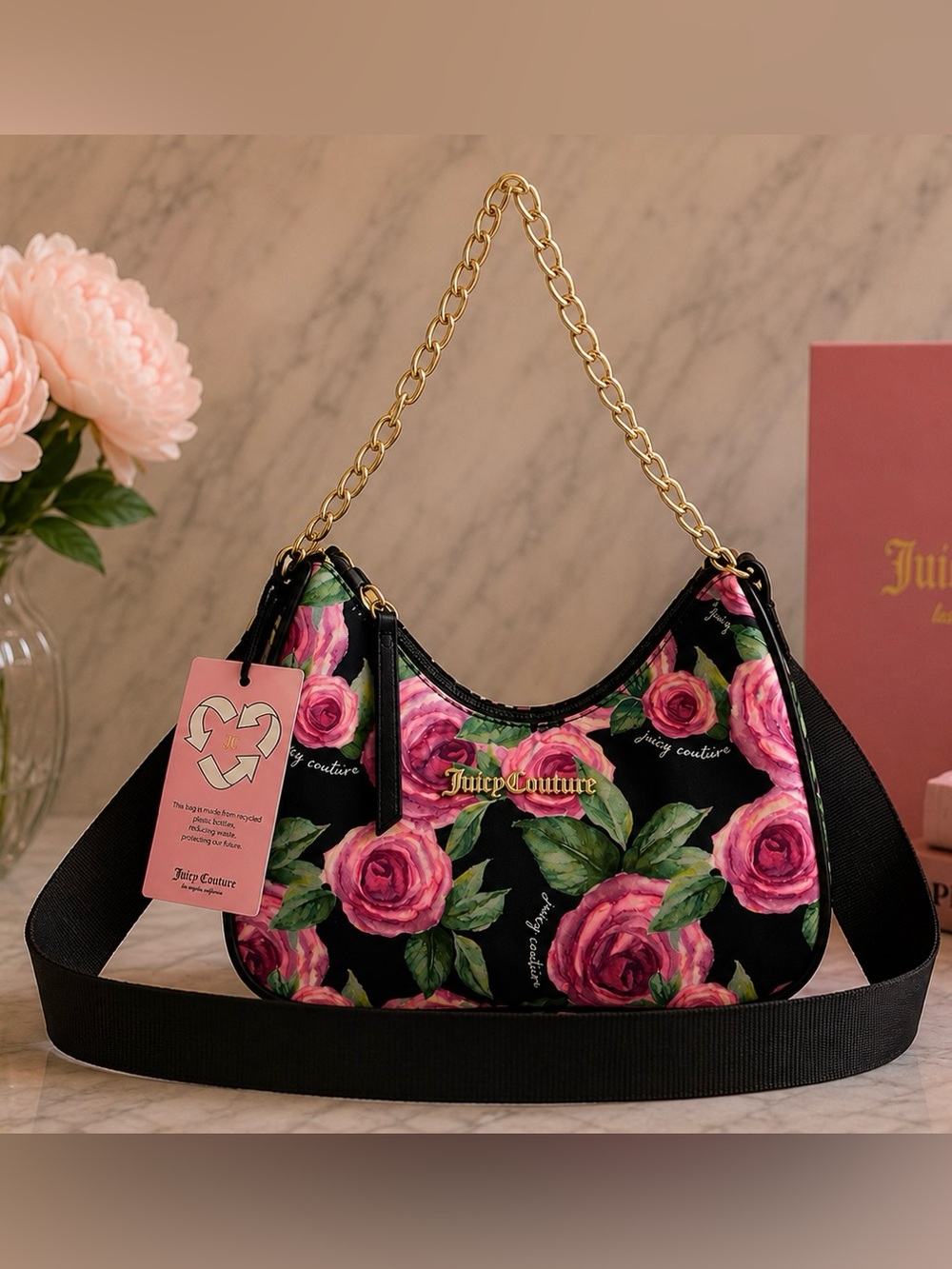 Juicy Couture Black Pink Rose Floral Print Mini Shoulder Bag Gold Chain Strap